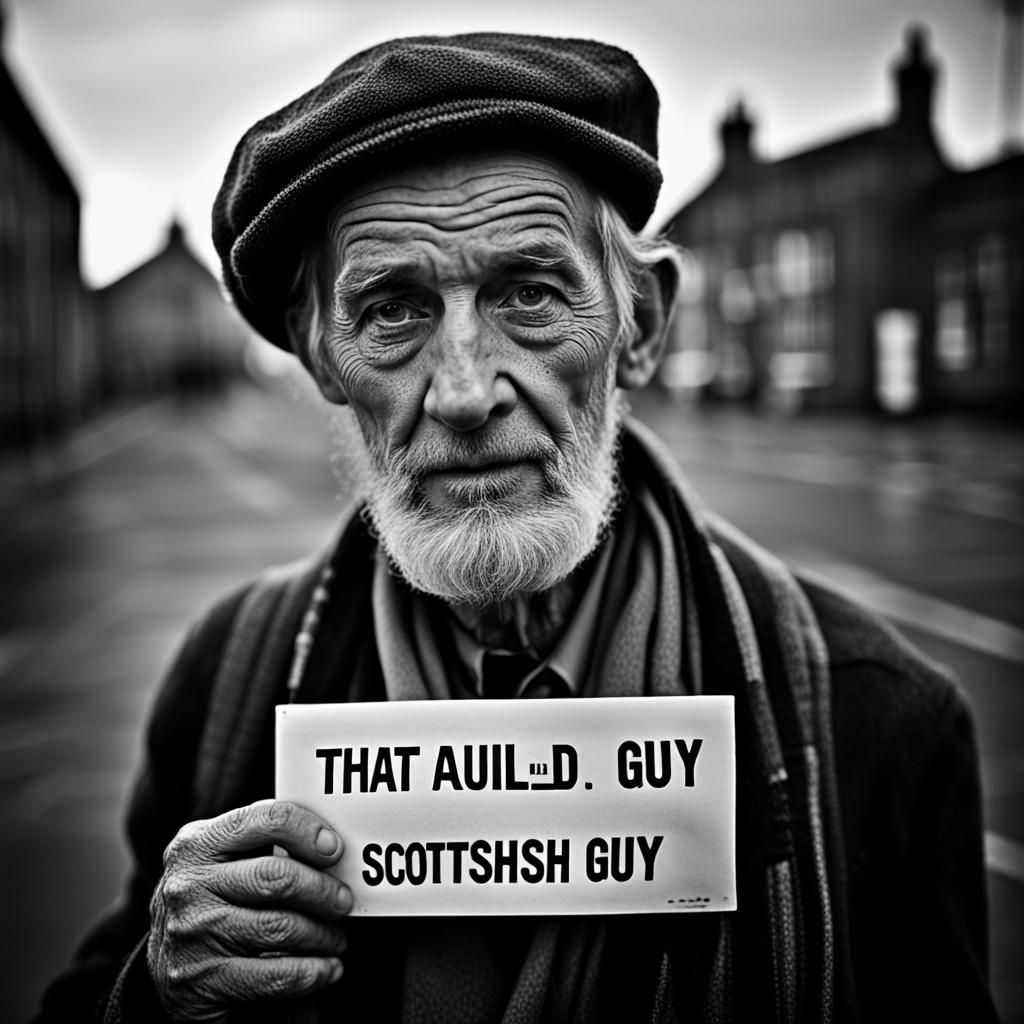 Scottish Man Portrait Holding Sign in Ambient Light