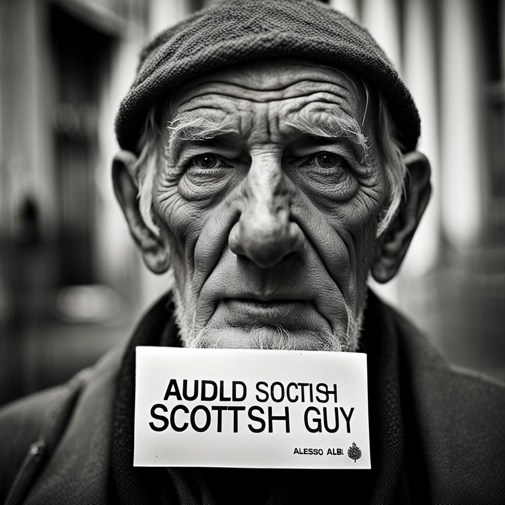 Old Scottish Man Portrait with Sign