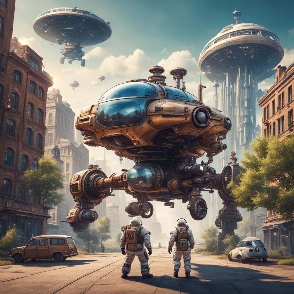 Astronaut in Steampunk Alien Cityscape