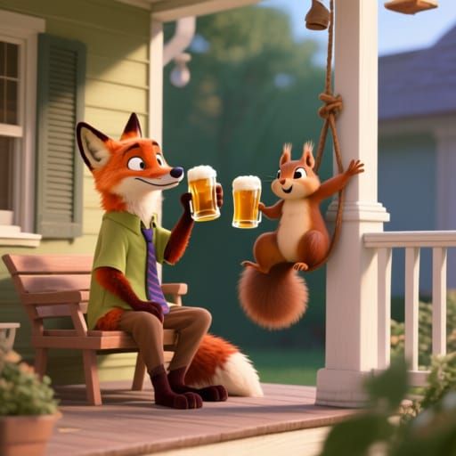 Fox and Squirrel Friends Enjoying Beer on Porch