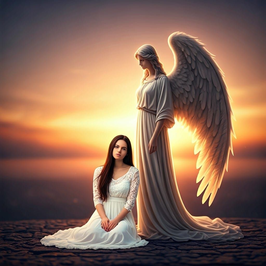 Woman and Angel in Morning Sunlight