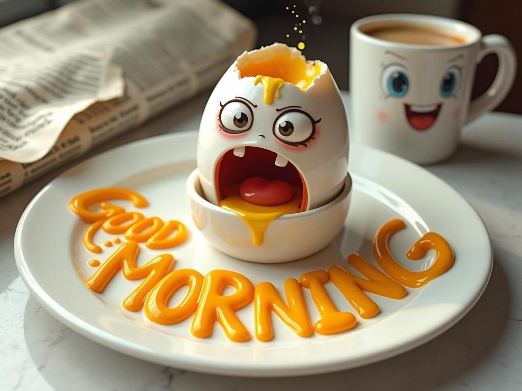 Scared Boiled Egg in Hyper-Realistic Morning Diner Scene