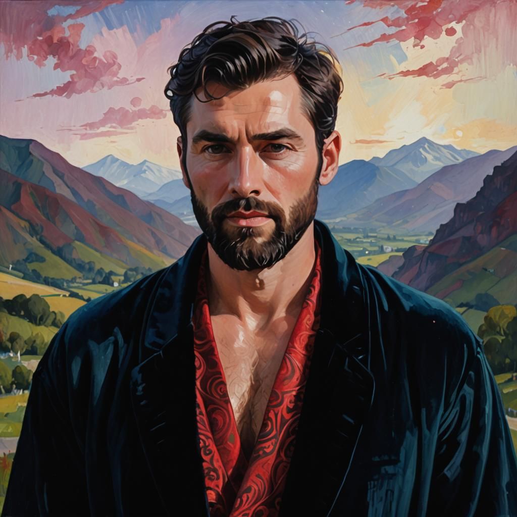 Expressionist Portrait of Handsome Man in Velvet Robe