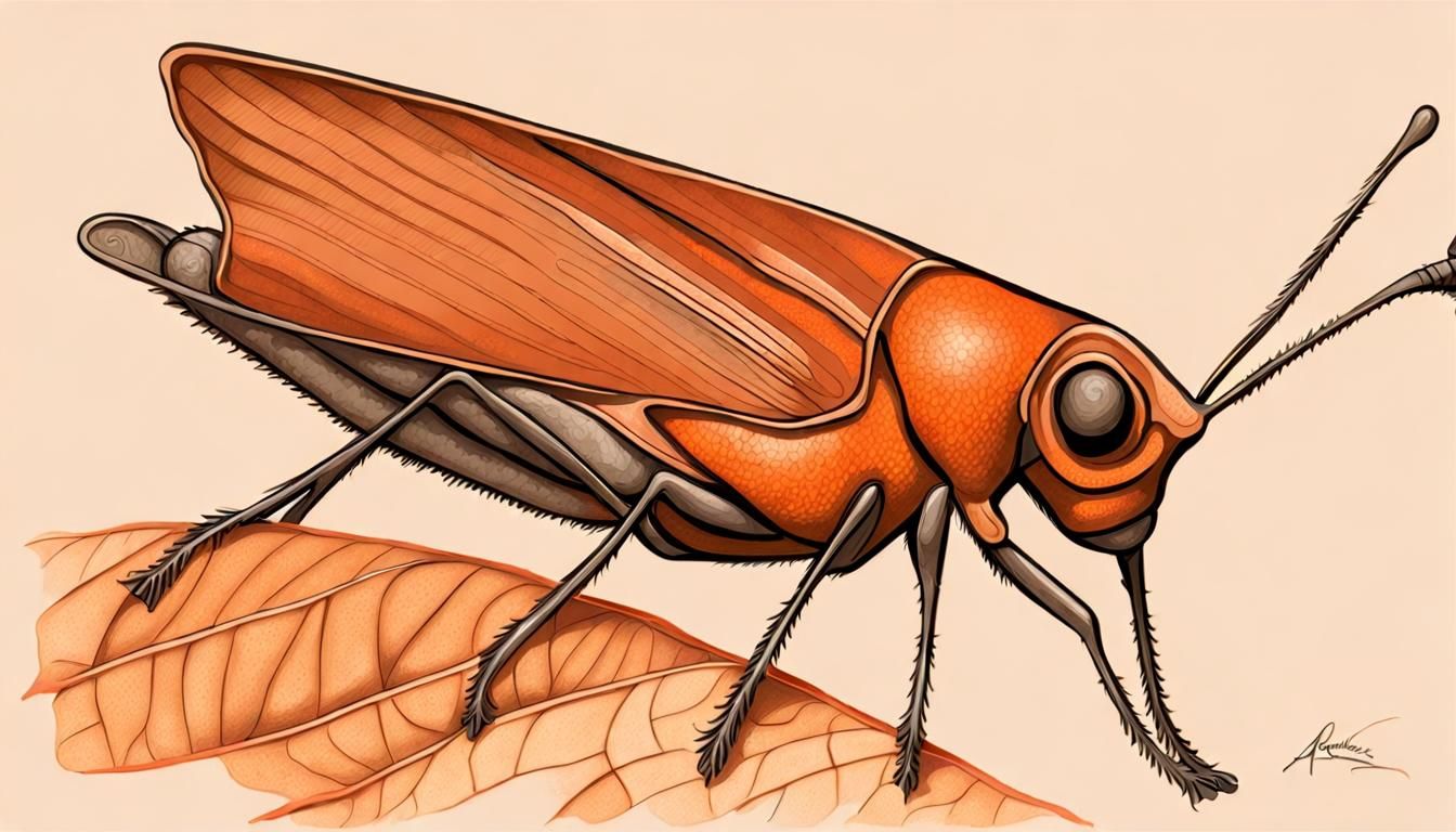 Bronze Planthopper Among Autumn Leaves in Pencil Sketch