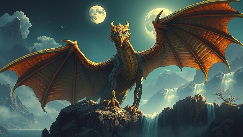 Bronze Dragon on Mountain Top in Fantasy Art