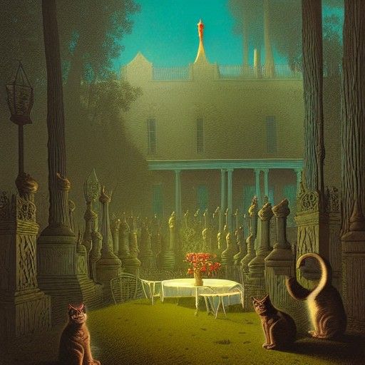 Victorian Cat Garden Party in Psychedelic Style