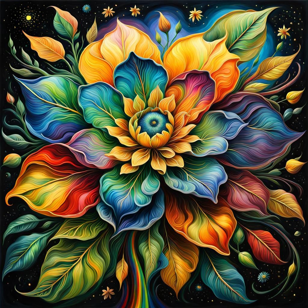 Detailed Rainbow Flower Oil Painting