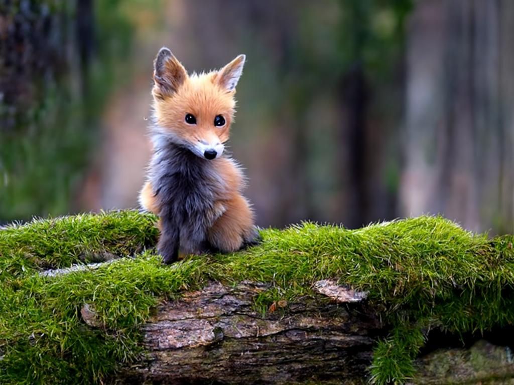 Adorable Baby Fox on Mossy Log in Forest