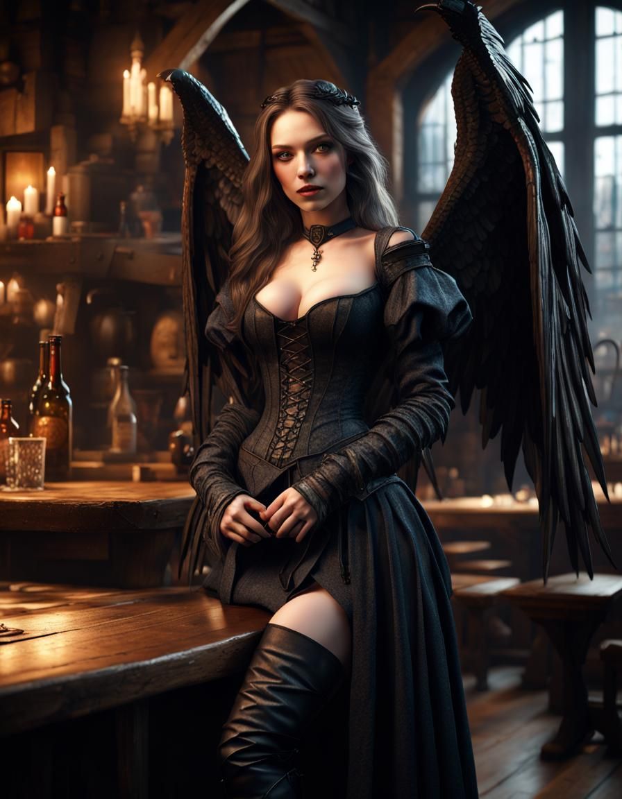 Detailed She-Devil with Wings in Tavern, 8K