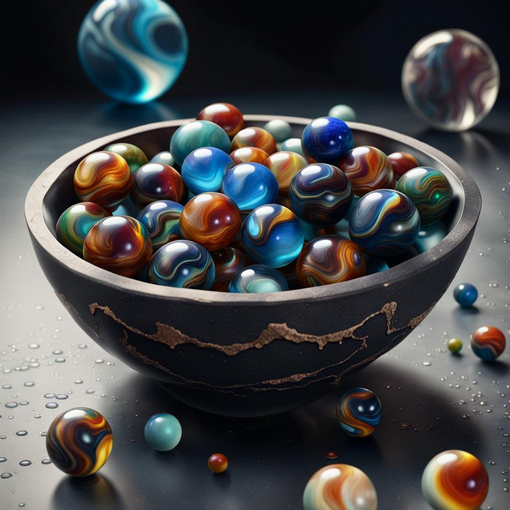 Bowl of Marbles in Detailed Matte Painting Style