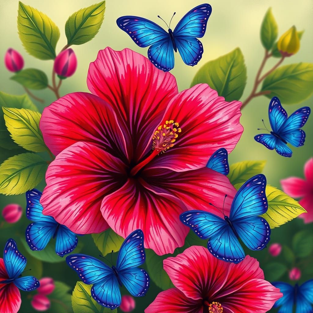Hibiscus and Butterflies in Whimsical Illustration
