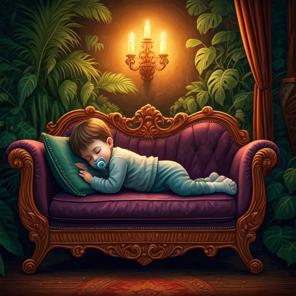 Sleeping Boy on Plush Sofa in Whimsical Living Room