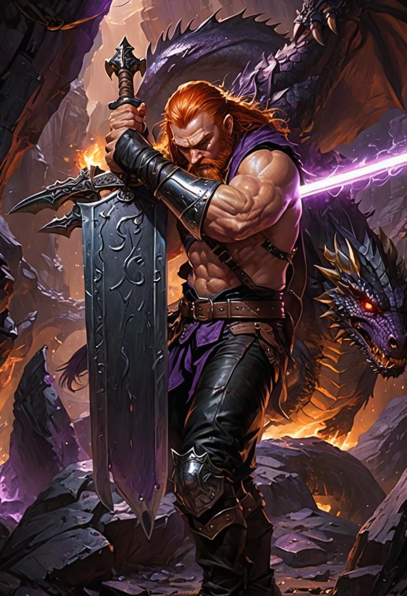 Muscular Dwarf Stabs Dragon in Purple Cavern