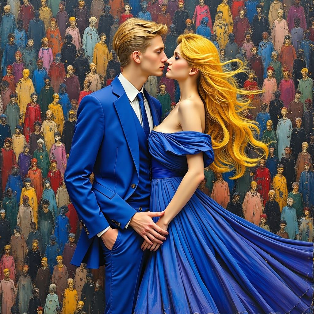 Elegant Couple in Royal Blue Attire, Art Nouveau Inspired