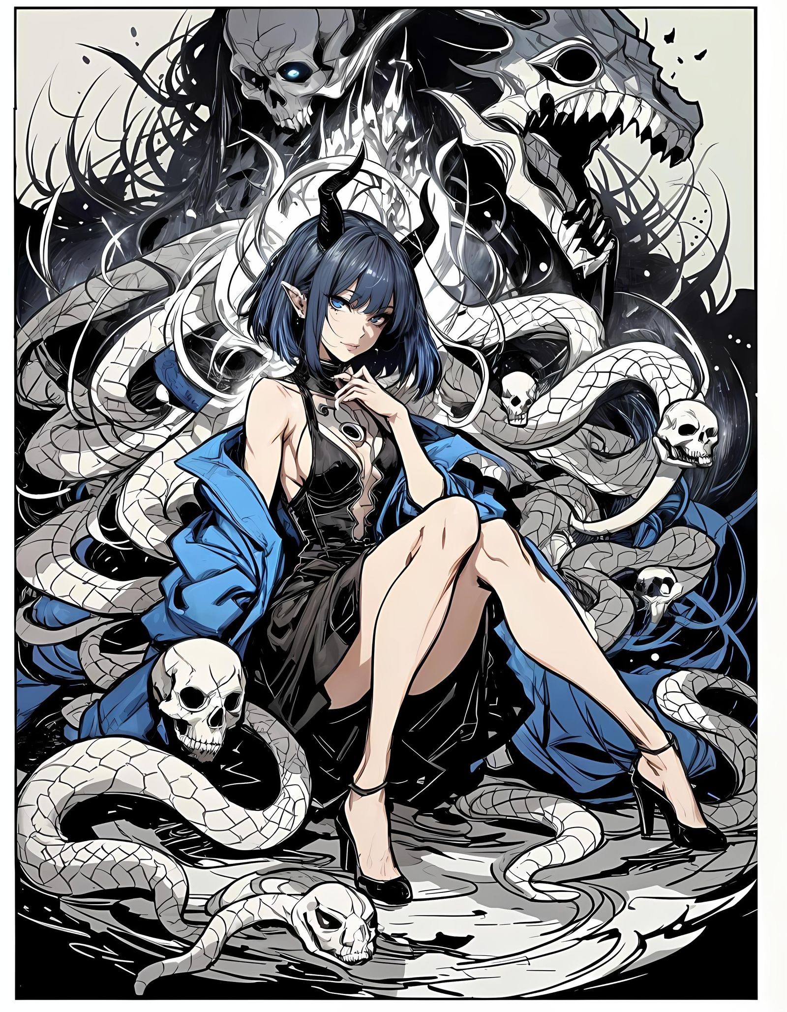 Cyberpunk Cyborg Woman with Snake and Horns