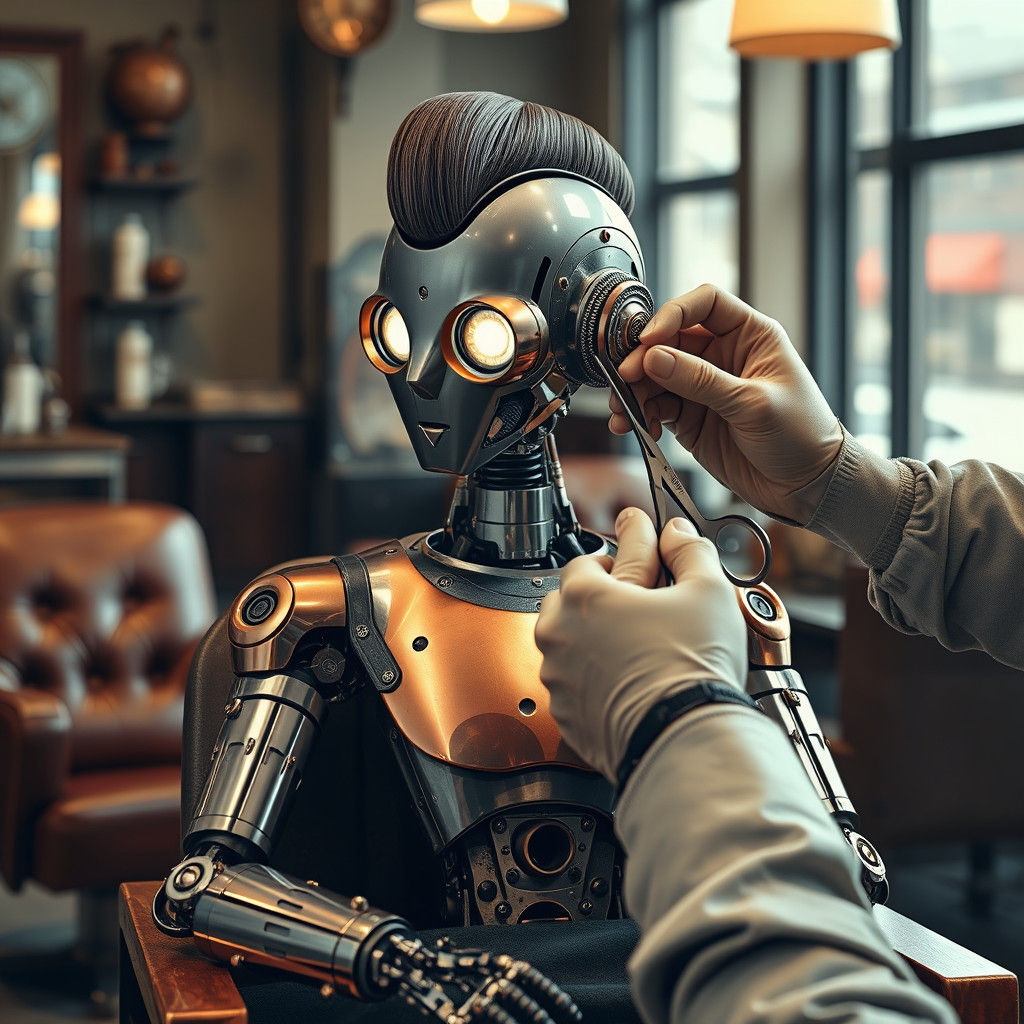 Retro-Futuristic Robot Haircut in Barbershop