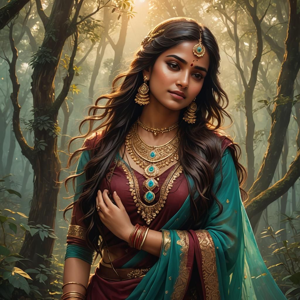 Indian Woman Portrait in Forest, Fantasy Concept Art