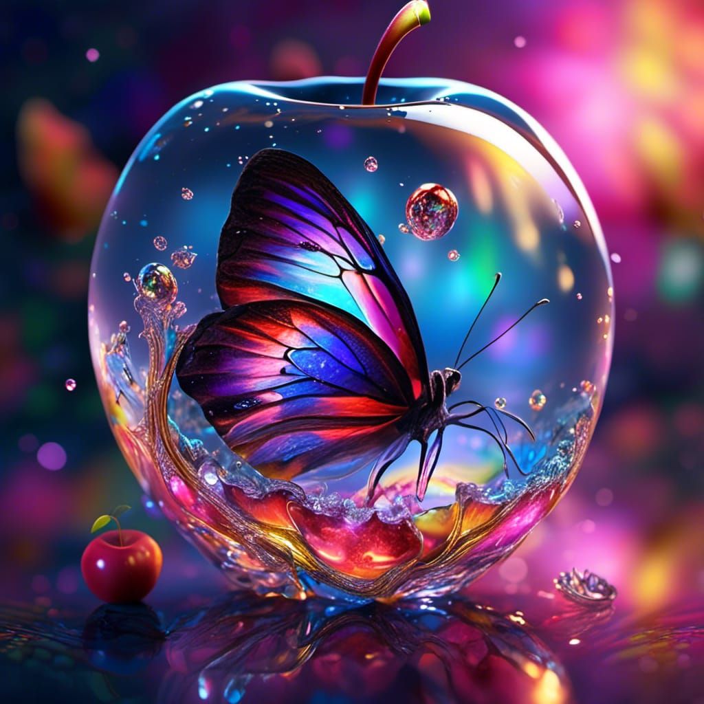 Glass Butterfly on Apple with Cosmic Background