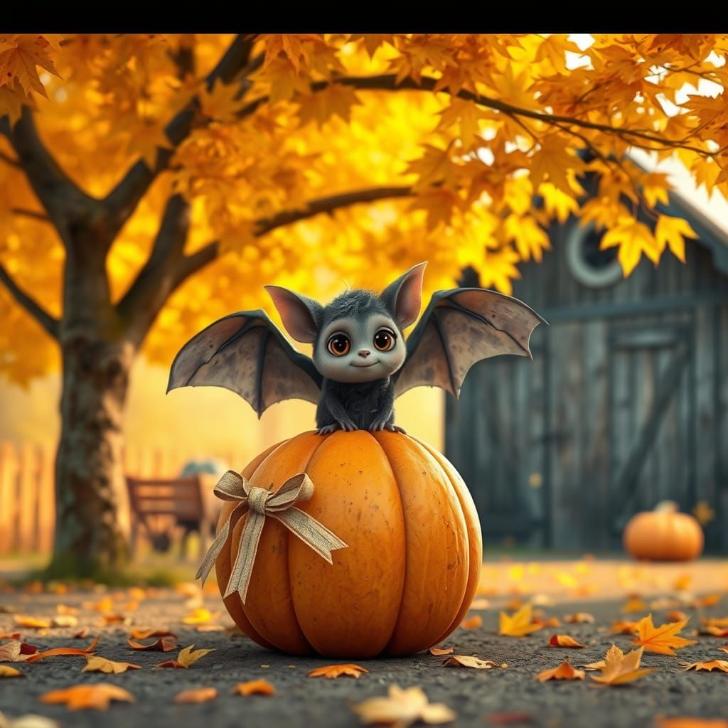 Bat on Pumpkin in Whimsical 3D Autumn Scene