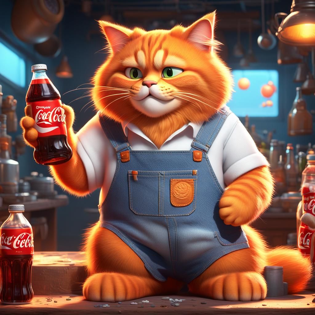 Orange Cat in Overalls Drinking Coke: 3D Digital Art