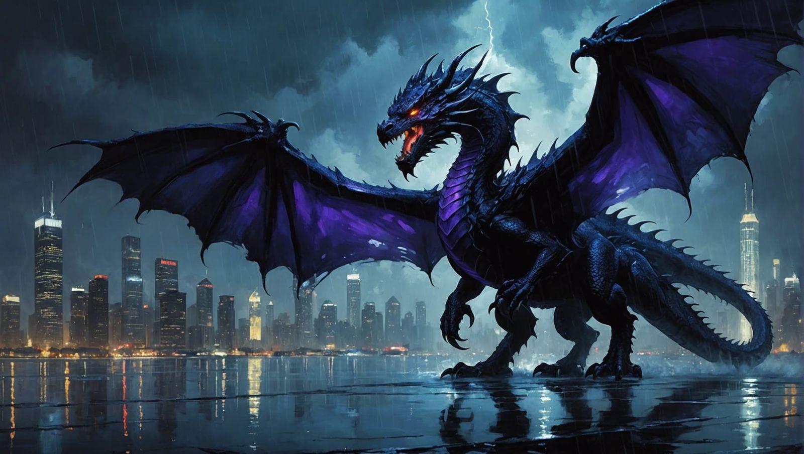 Epic Demon Dragon Over City Oil Painting