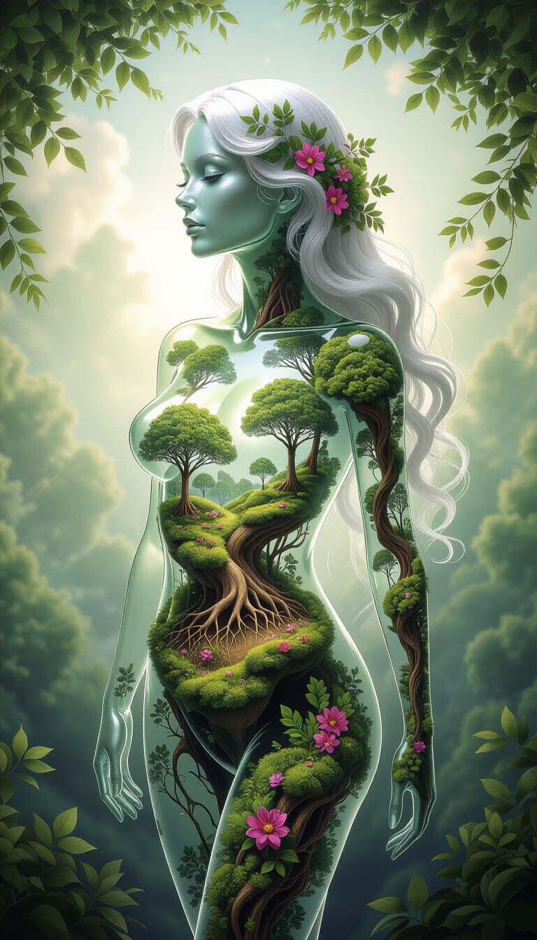 Ethereal Glass Woman with Internal Ecosystem in 3D