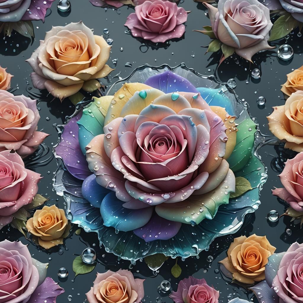 Pastel Rainbow Sugar Rose in Water, Detailed Matte Painting