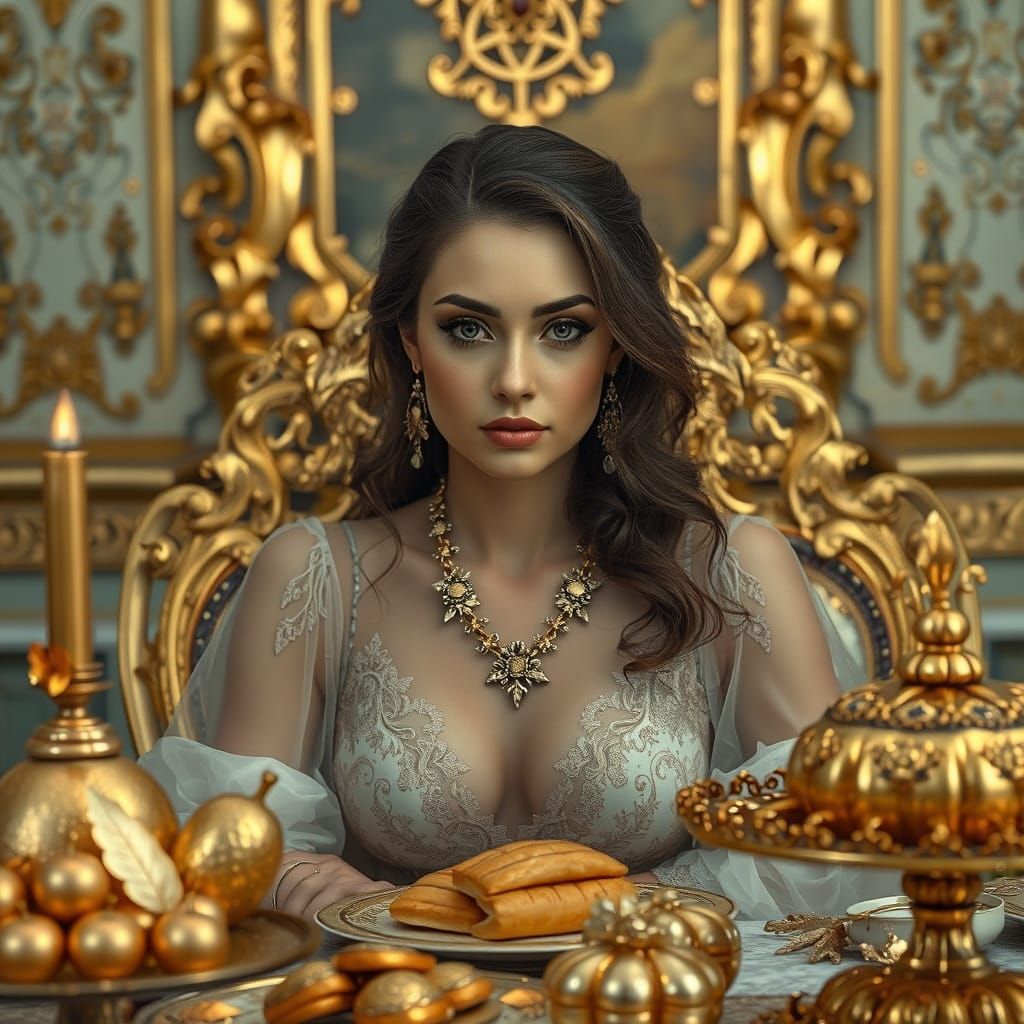 Golden Feast: Hyperrealistic Woman Amidst Gilded Delights