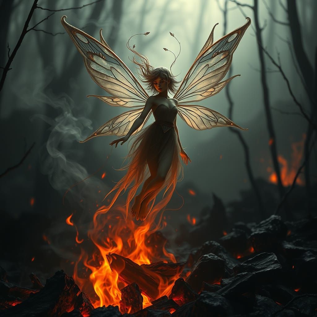 Ethereal Ash Fairy Rising in Charred Forest
