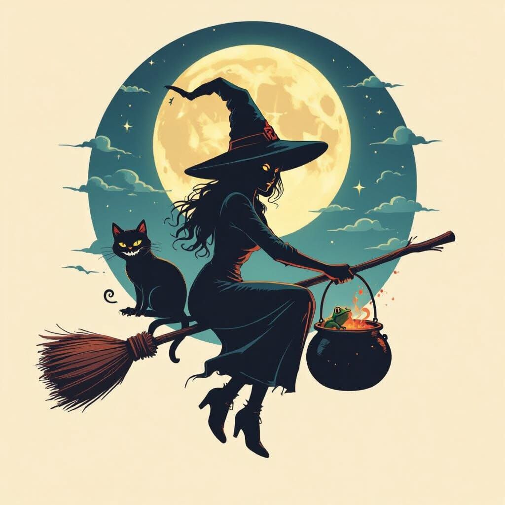 a full moon night, a witch, with a tall hat, riding a broom flying in the night. A cat sits at the back with an evil gri...