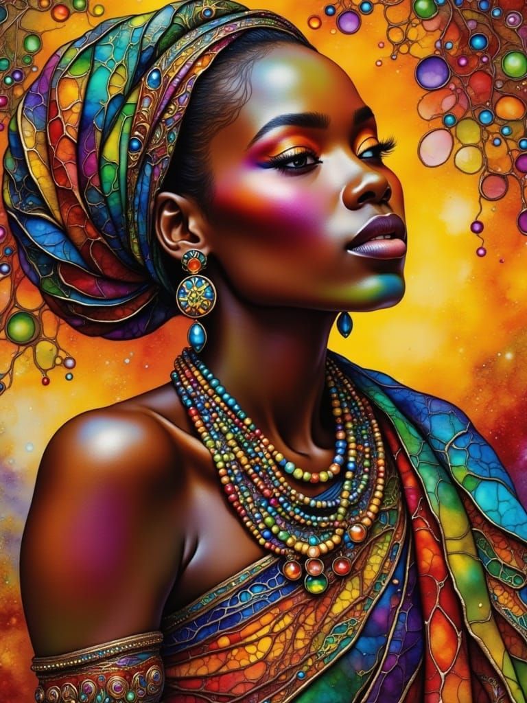 African Woman in Vibrant Textiles and Accessories, Inspired ...