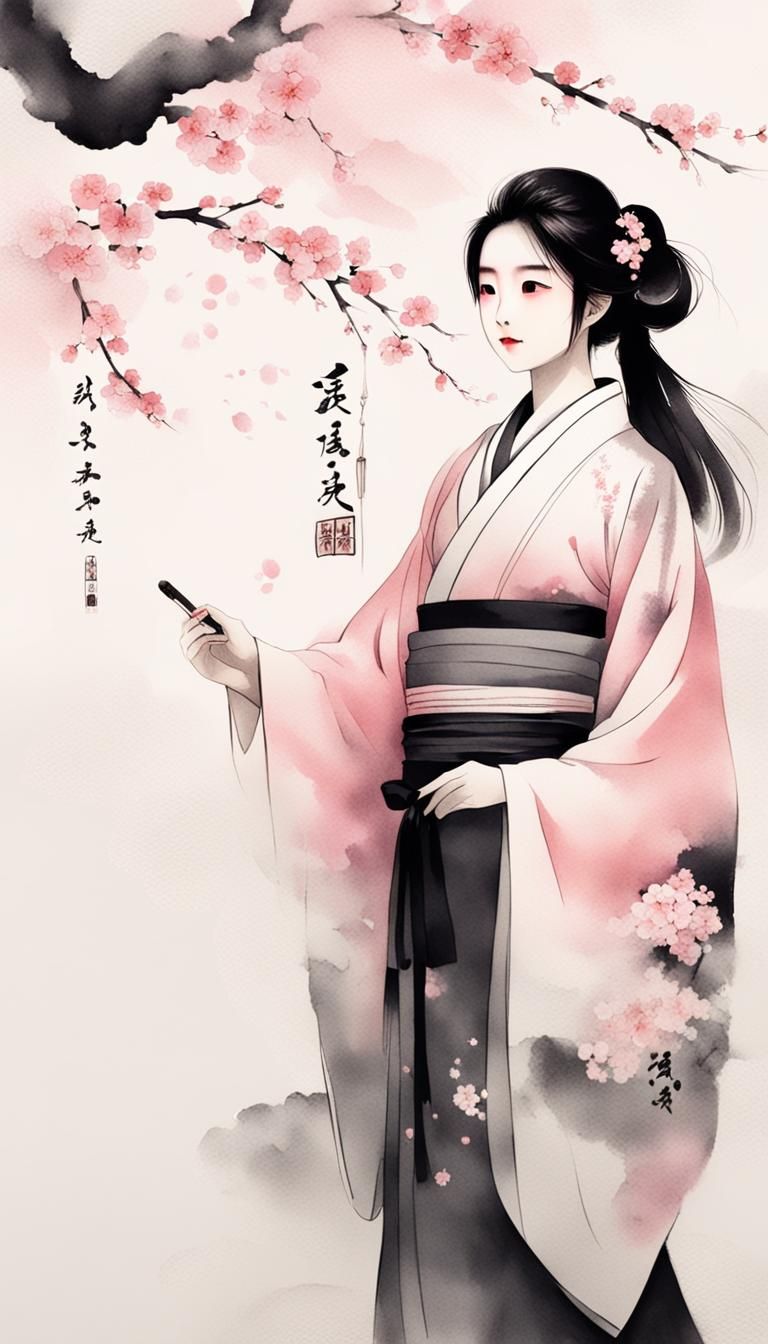 Girl in Kimono: Minimalist Chinese Ink Painting