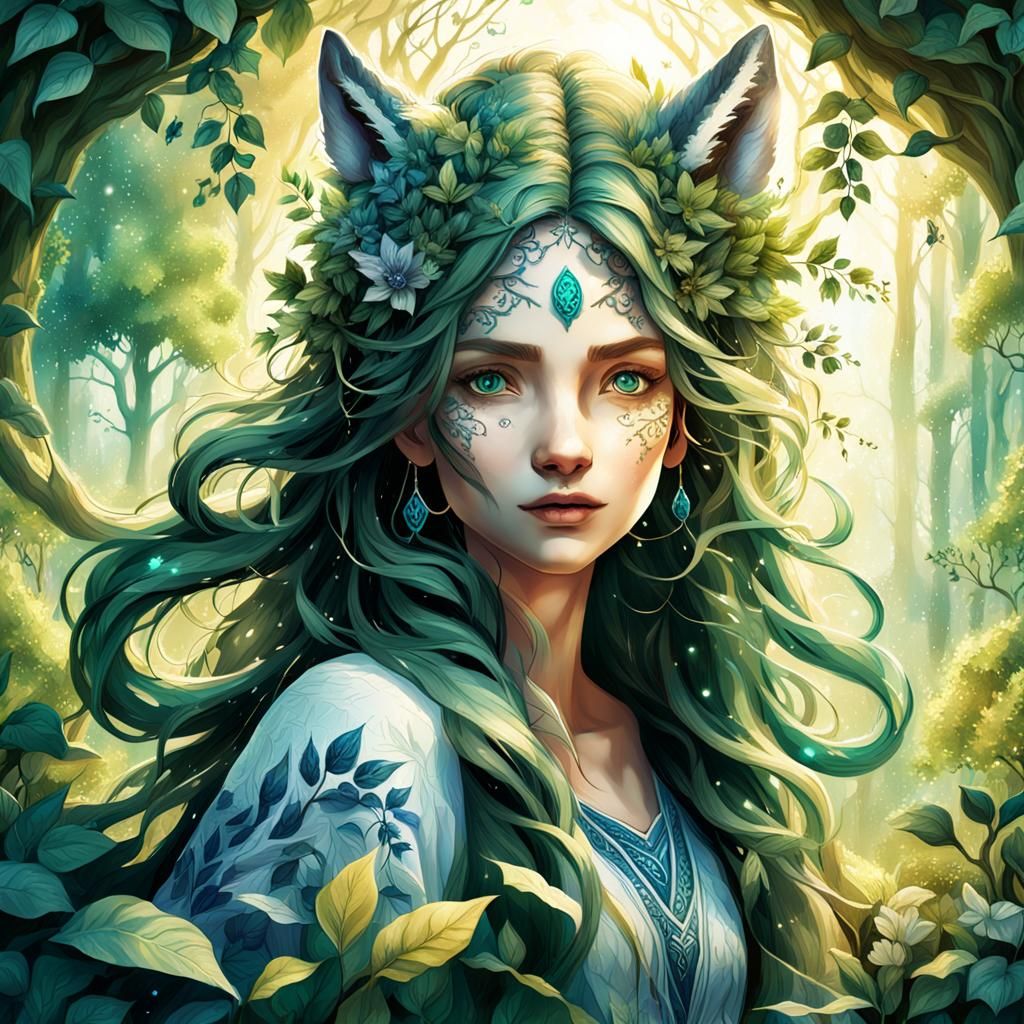 Fantastical Nature Maiden with Wolf Ears in Whimsical Surrou...