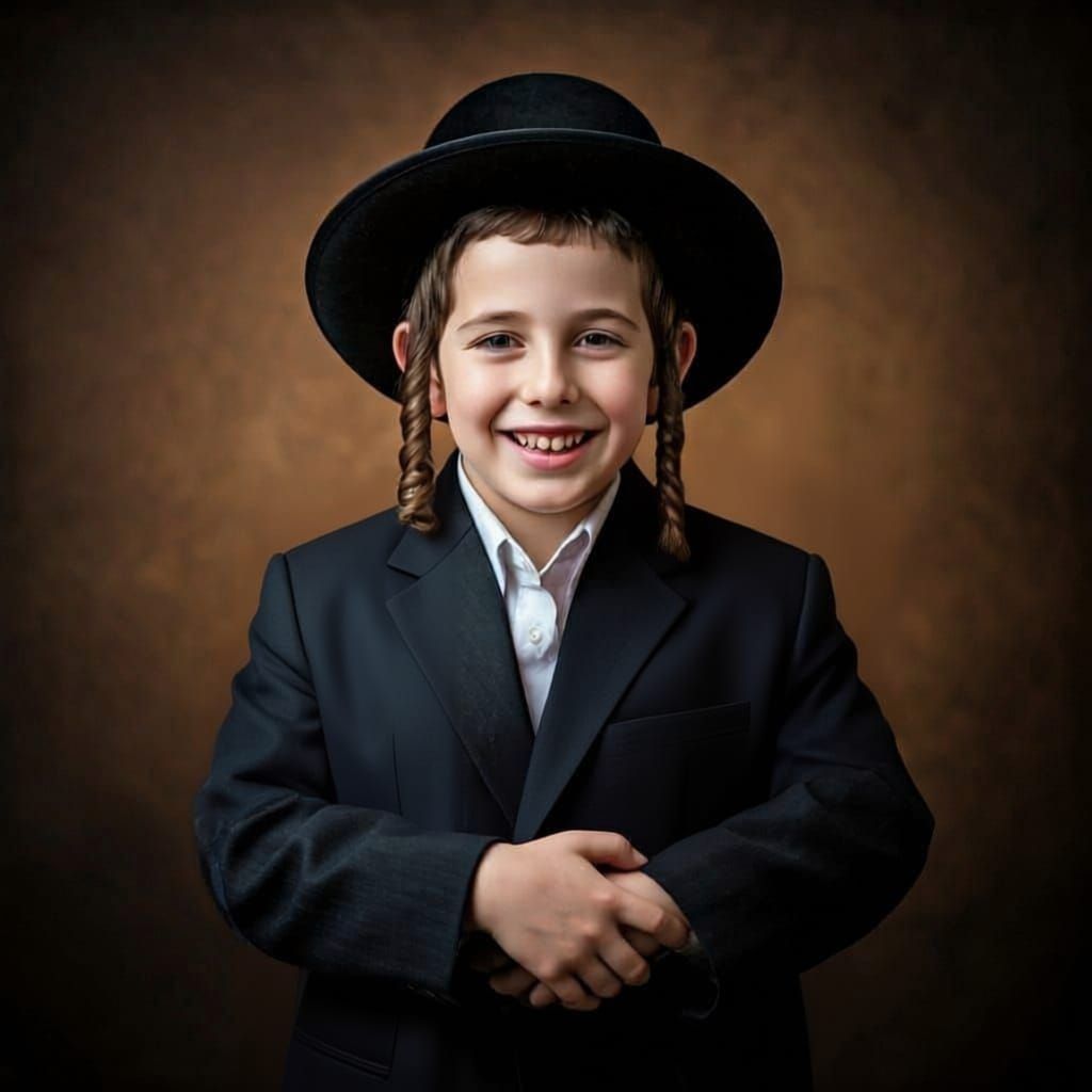 Jewish Boy in Hasidic Attire Holds Torah Scroll