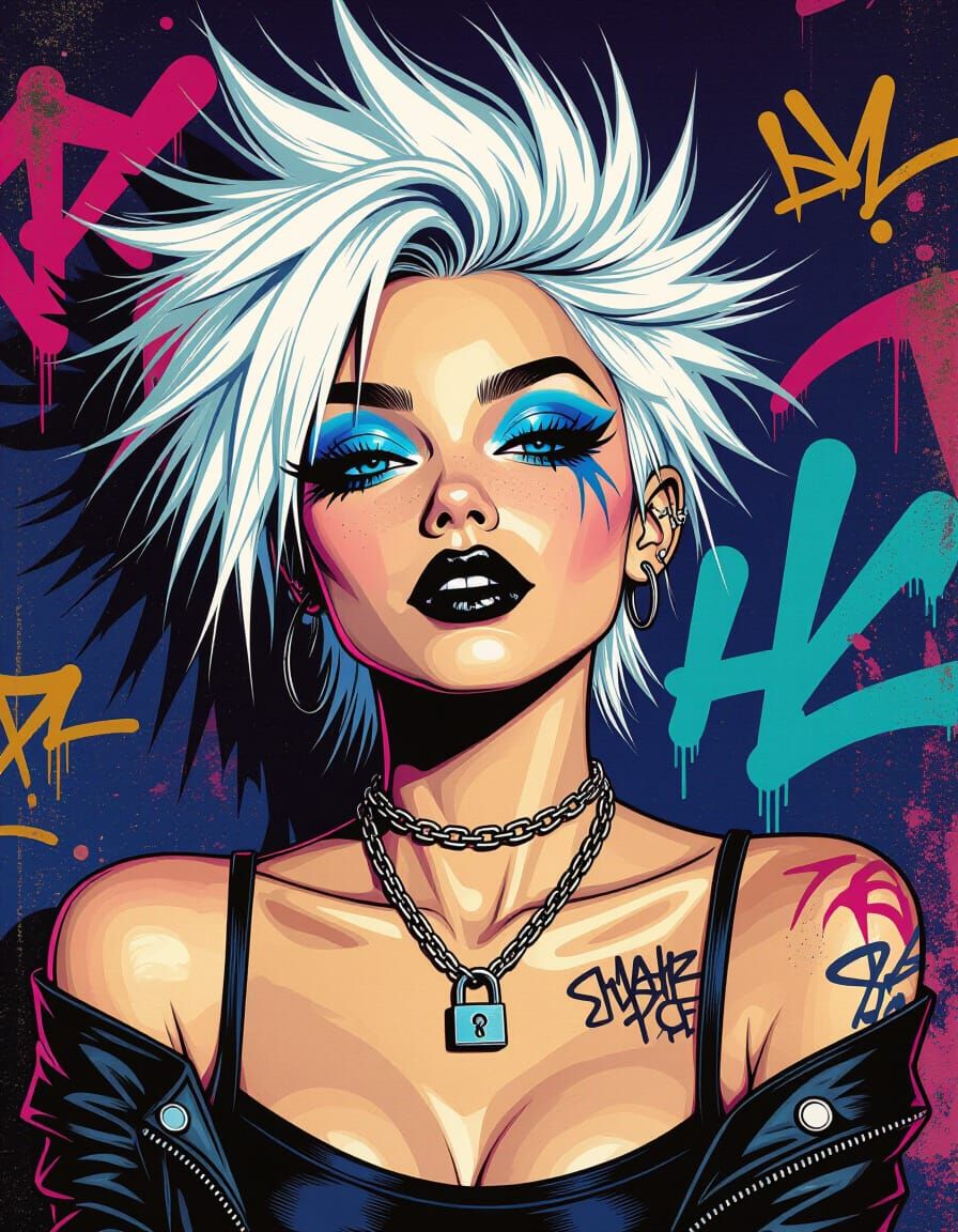 Punk Girl with Neon Graffiti in Pin-Up Style