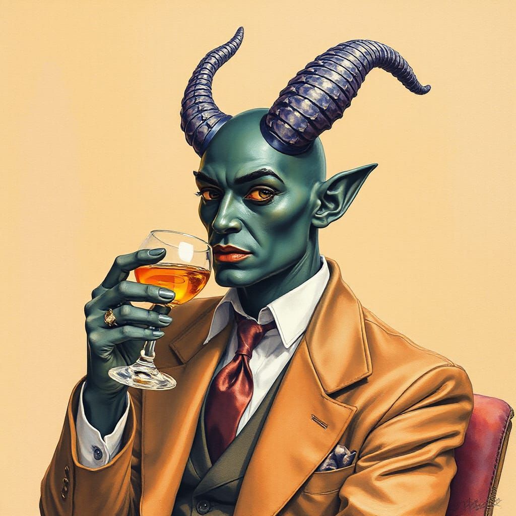 Djinn Sipping Gin in Glamour Art Style