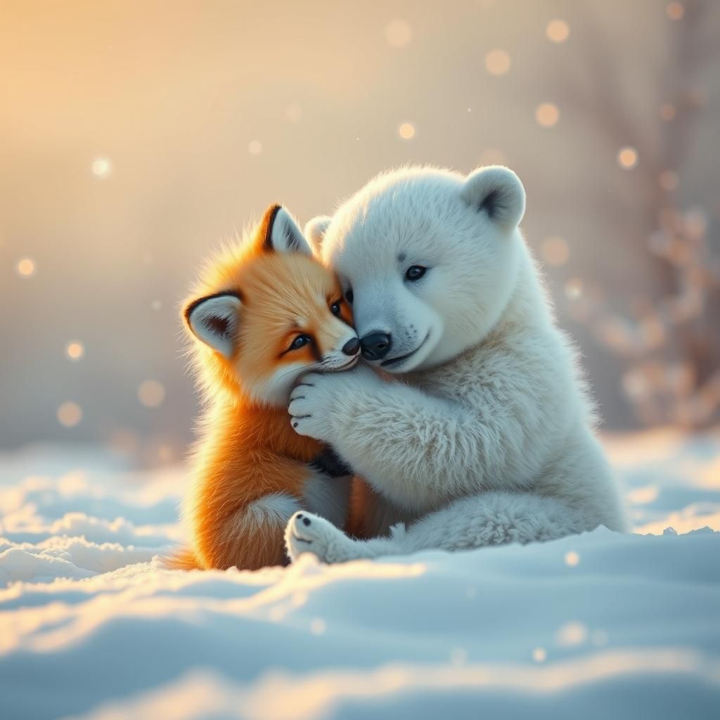 Fox Pup and Polar Bear Cub in Winter Wonderland