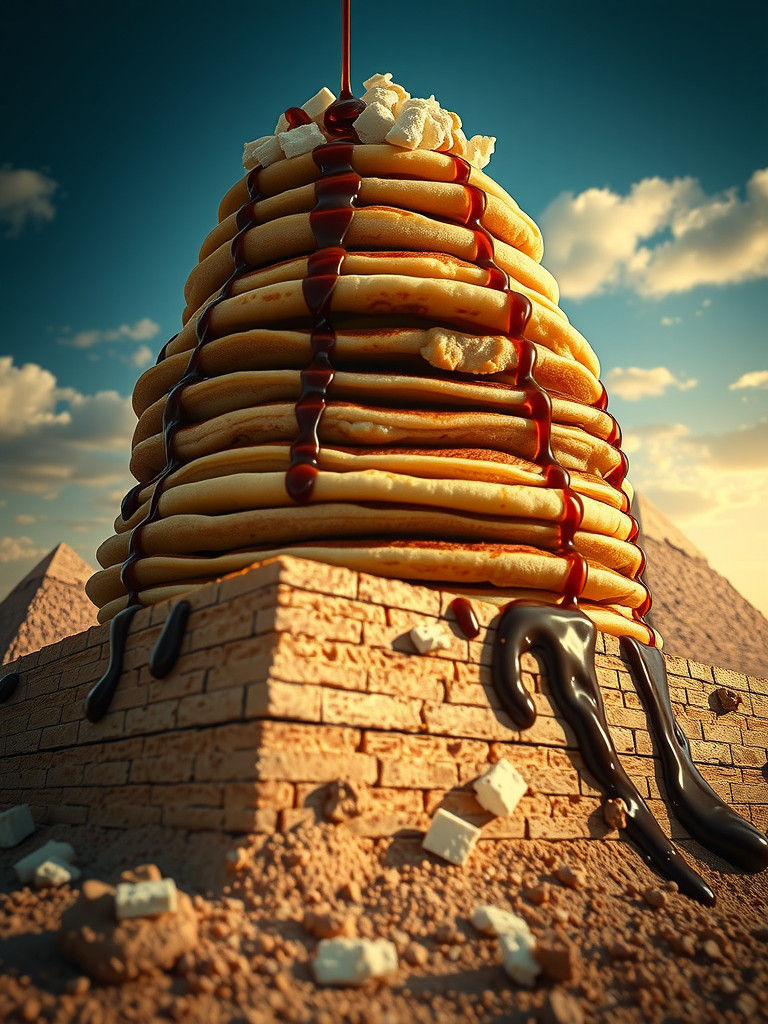 Pancakes Towering Over Pyramids: Cinematic Photograph