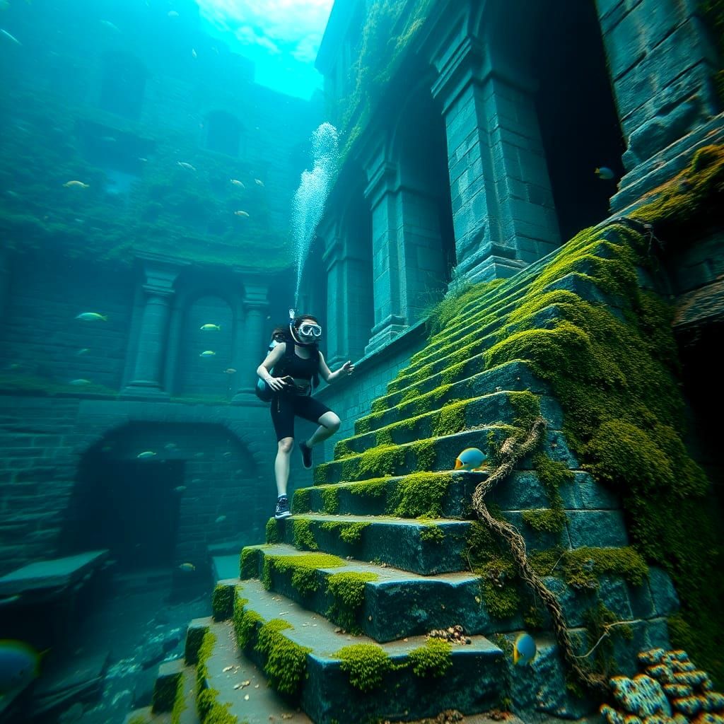 Scuba Diver Approaches Sunken Ruins