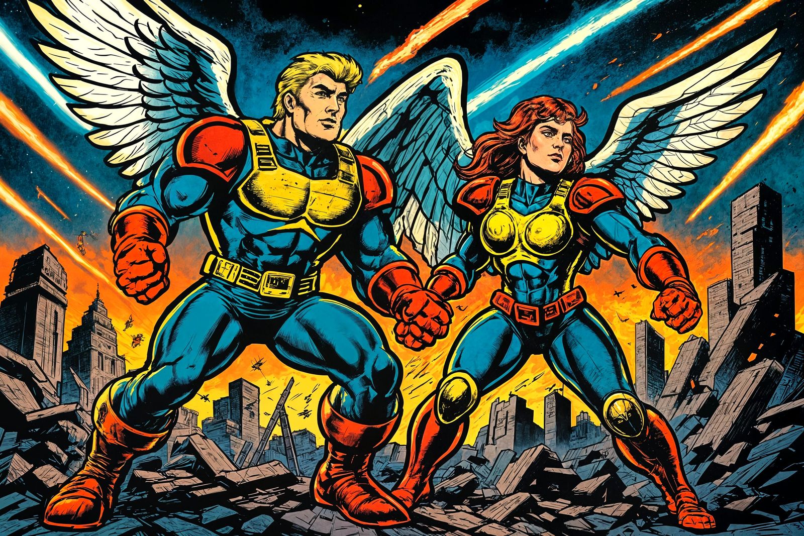 Winged Warriors Stand Defiant in Futuristic City Ruins, Comi...