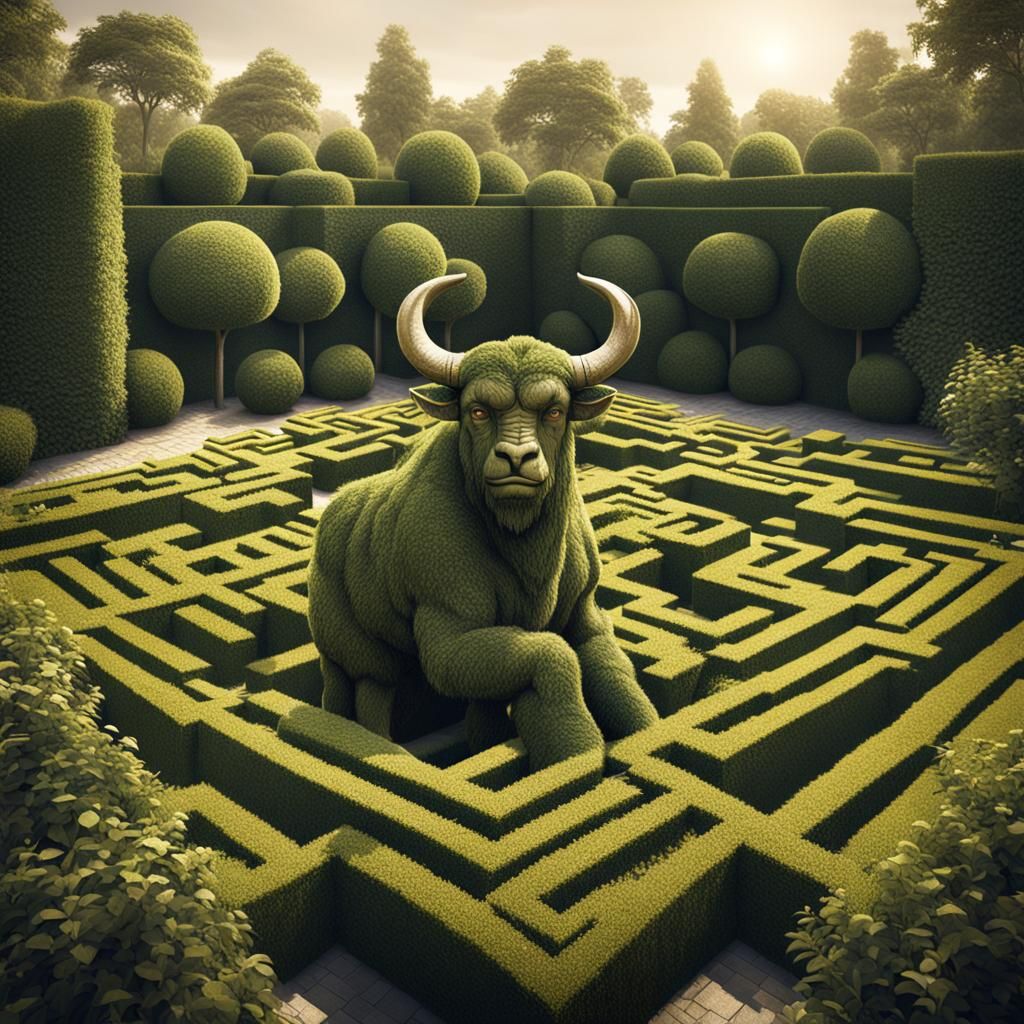 Minotaur Topiary in Hedge Maze: Ink Drawing Style