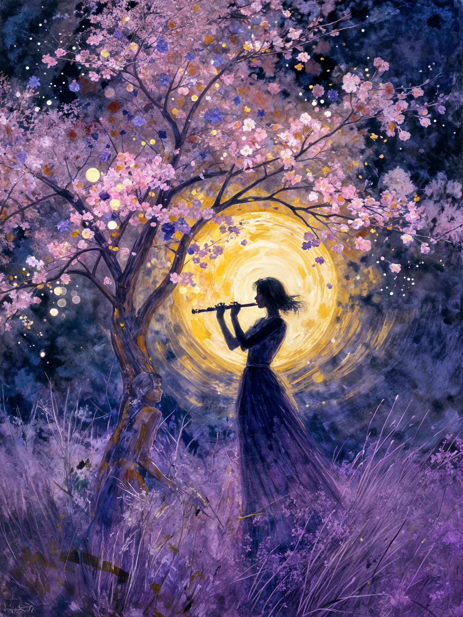 Impressionist Painting of Woman Playing Flute Under Glowing ...