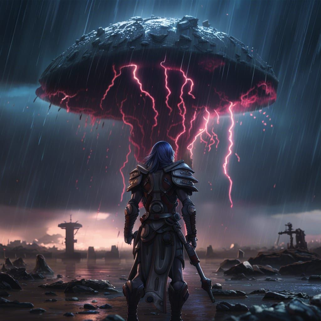 Anime Warrior in Rain and Tornado Weather