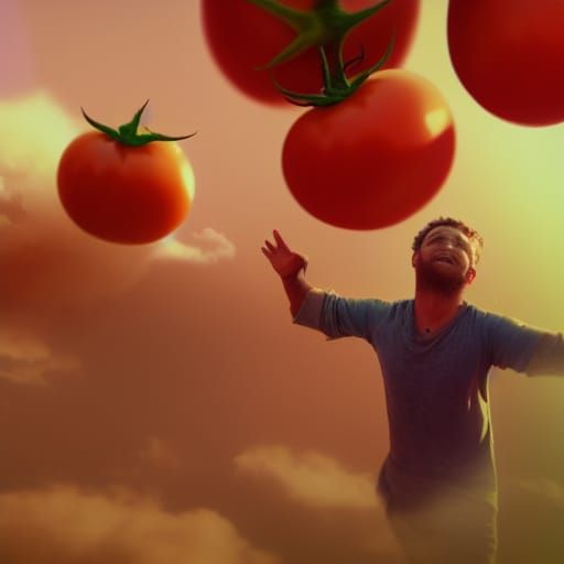 Epic Tomato Fight in Cosmic Digital Painting
