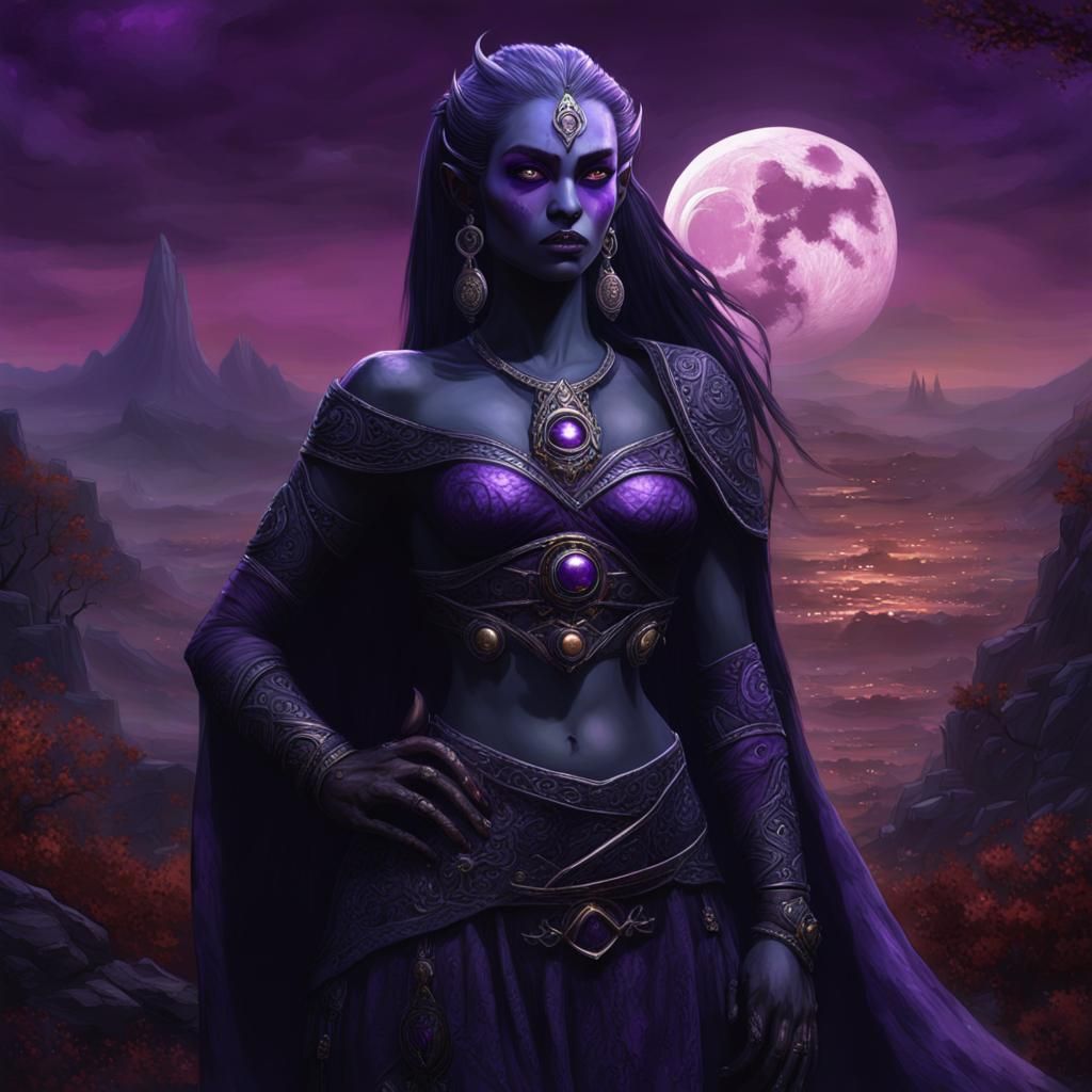 Dark Elf Goddess with Moon in Digital Painting