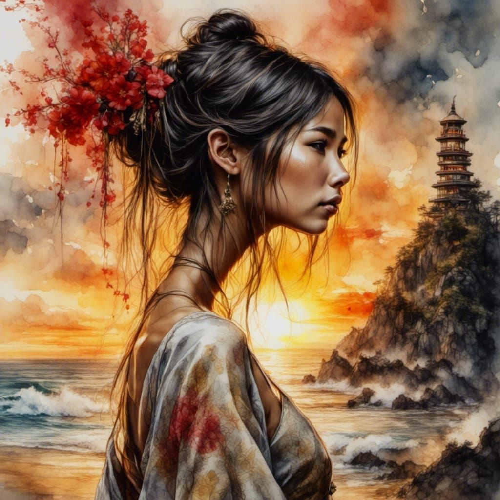 Japanese Princess on Golden Beach: Watercolor Style