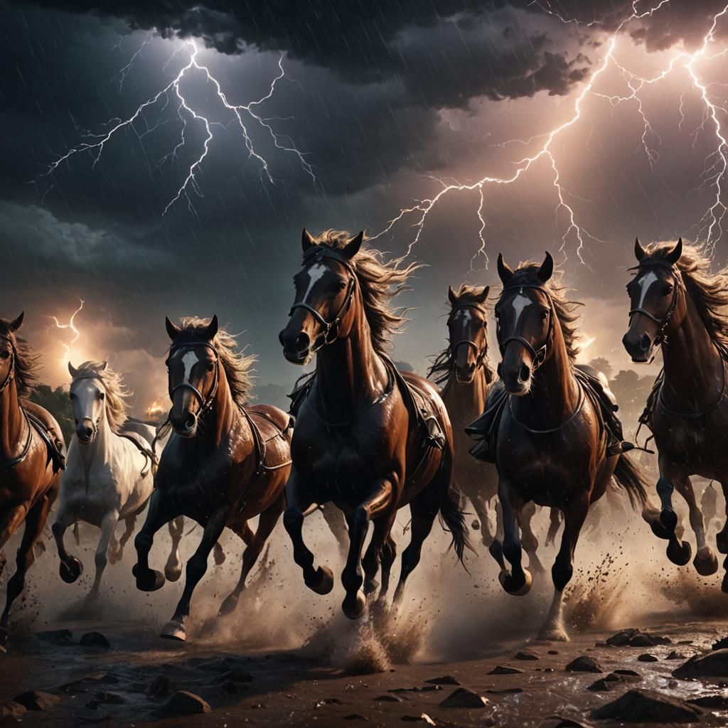 Horses Run During a Nighttime Lightning Storm