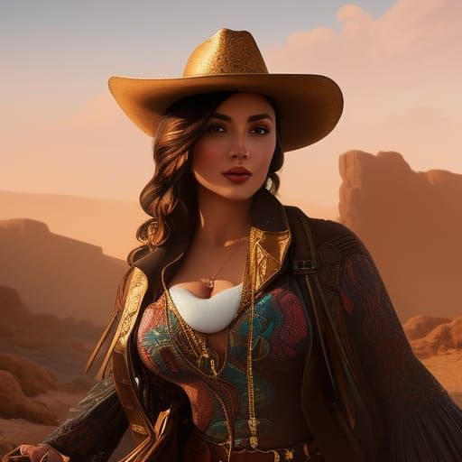 Intricately Designed Cowgirl Portrait in Desert Landscape