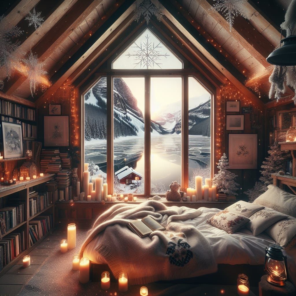 Cozy Winter Cabin Bedroom with Alpine Lake View