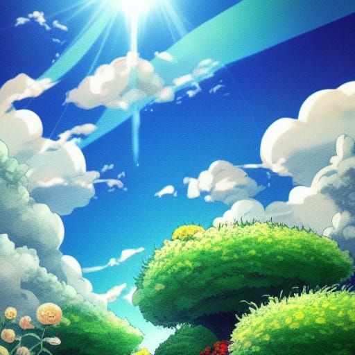 Miyazaki Style Green Field with Planets